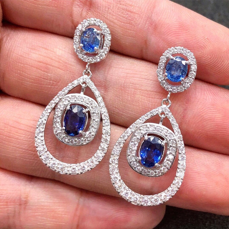 CEYLON 5.82TCW Blue Sapphire & VS diamonds in 18K solid white gold handmade earrings natural dangle chandelier wedding royal blue luxurious