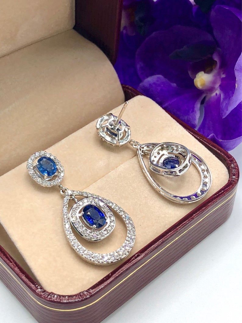 CEYLON 5.82TCW Blue Sapphire & VS diamonds in 18K solid white gold handmade earrings natural dangle chandelier wedding royal blue luxurious