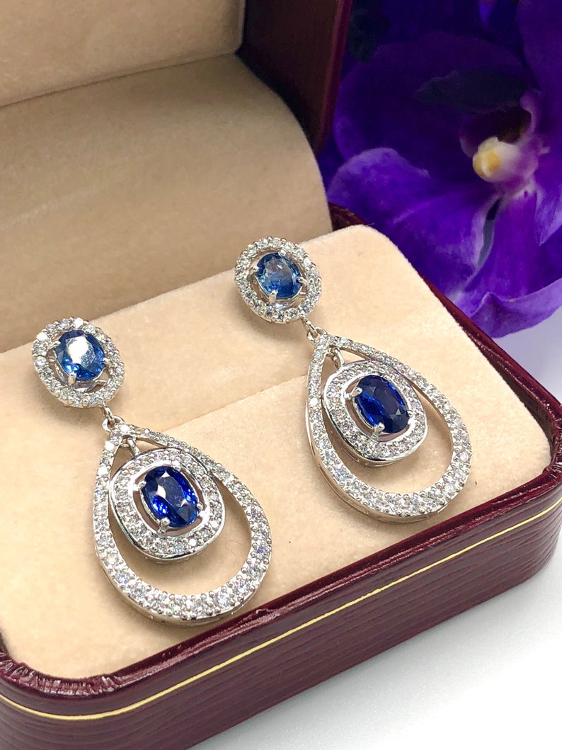 CEYLON 5.82TCW Blue Sapphire & VS diamonds in 18K solid white gold handmade earrings natural dangle chandelier wedding royal blue luxurious