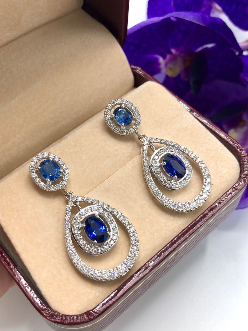 CEYLON 5.82TCW Blue Sapphire & VS diamonds in 18K solid white gold handmade earrings natural dangle chandelier wedding royal blue luxurious