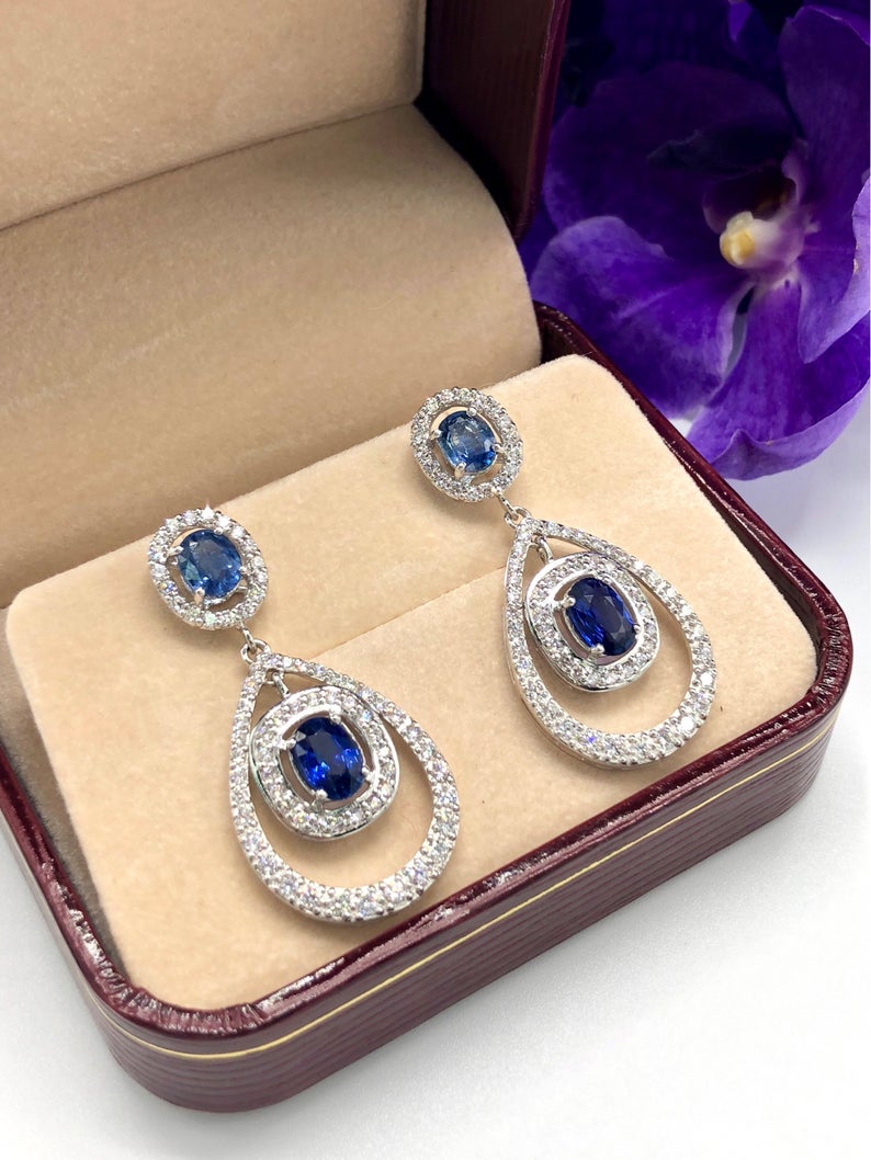 CEYLON 5.82TCW Blue Sapphire & VS diamonds in 18K solid white gold handmade earrings natural dangle chandelier wedding royal blue luxurious