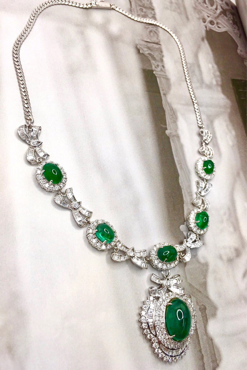 ENORMOUS 37.43TCW Emerald Necklace Cabochon Zambian Natural VVS Diamond in 18K solid white gold necklace chain pendant luxury high jewelry