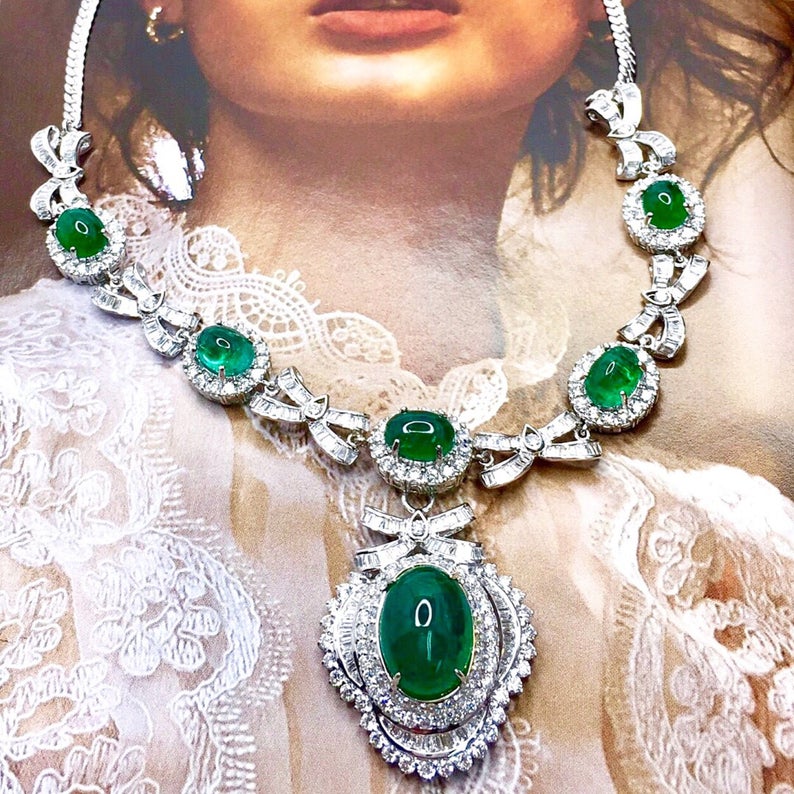 ENORMOUS 37.43TCW Emerald Necklace Cabochon Zambian Natural VVS Diamond in 18K solid white gold necklace chain pendant luxury high jewelry