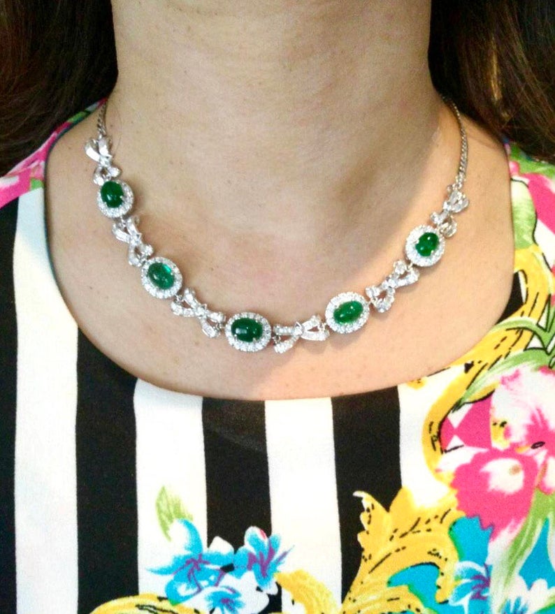 ENORMOUS 37.43TCW Emerald Necklace Cabochon Zambian Natural VVS Diamond in 18K solid white gold necklace chain pendant luxury high jewelry