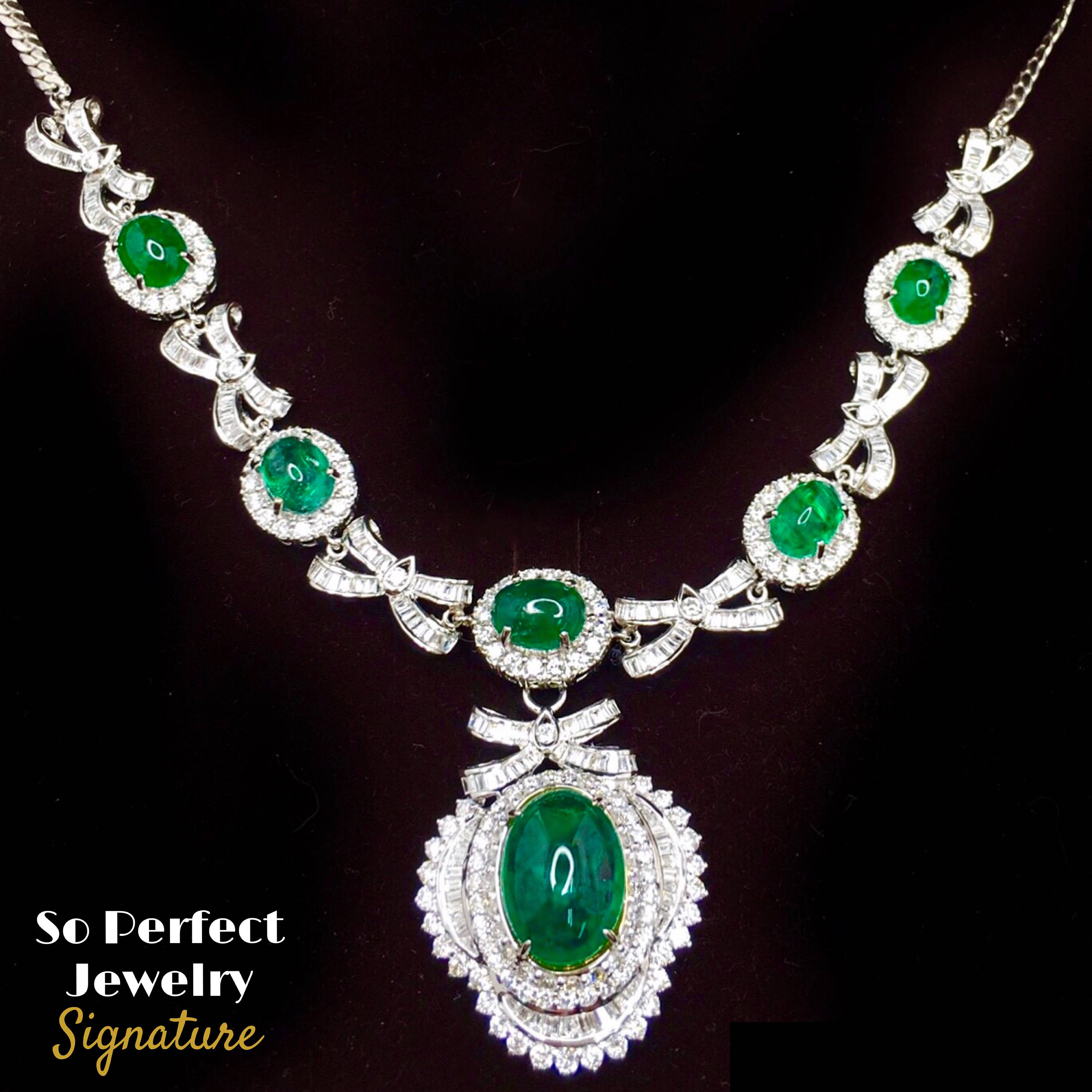 ENORMOUS 37.43TCW Emerald Necklace Cabochon Zambian Natural VVS Diamond in 18K solid white gold necklace chain pendant luxury high jewelry