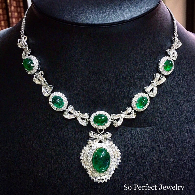 ENORMOUS 37.43TCW Emerald Necklace Cabochon Zambian Natural VVS Diamond in 18K solid white gold necklace chain pendant luxury high jewelry