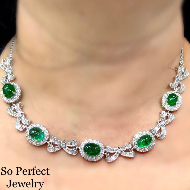 ENORMOUS 37.43TCW Emerald Necklace Cabochon Zambian Natural VVS Diamond in 18K solid white gold necklace chain pendant luxury high jewelry