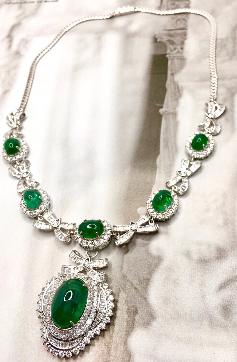 ENORMOUS 37.43TCW Emerald Necklace Cabochon Zambian Natural VVS Diamond in 18K solid white gold necklace chain pendant luxury high jewelry