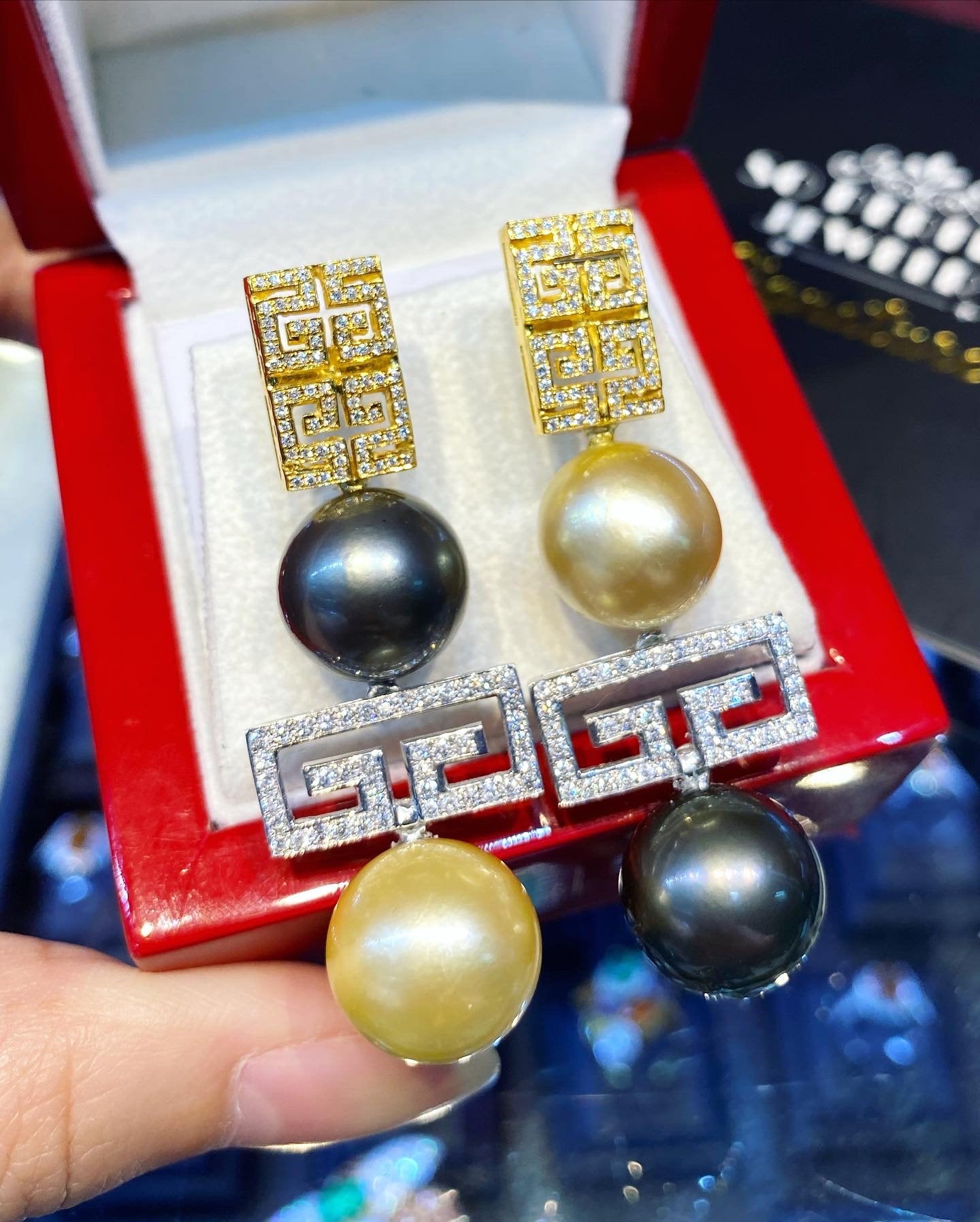 HUGE! TAHITIAN Black Golden South Sea Pearls Diamonds 18K Solid White Gold Earrings