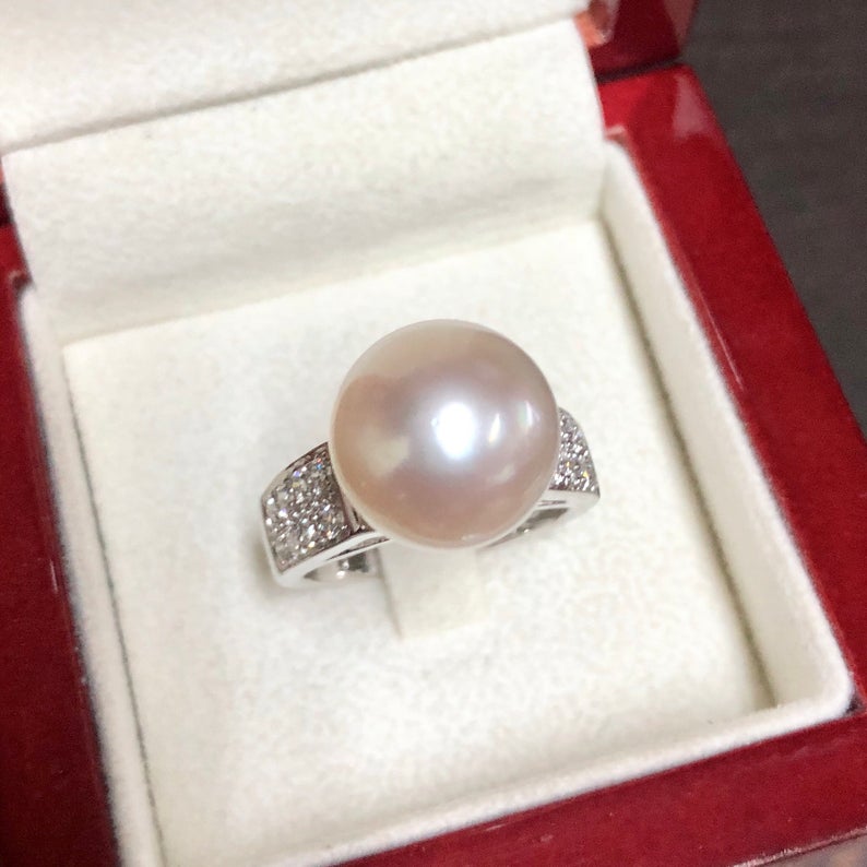 WOW! 12.5mm SOUTH SEA Pearl & 0.49 ct diamonds in 18K solid white gold ring